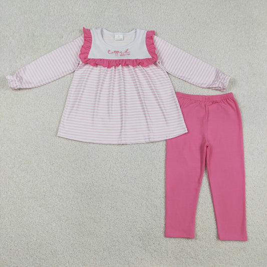 RTS NO MOQ（In Stock) Embroidered Loved's Lace Pink and White Striped Long-Sleeved Rose Red Pants Set