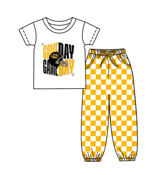 Custom summer teams baby boy clothes team GAME DAY yellow plaid short sleeve pants sets-25.8.22