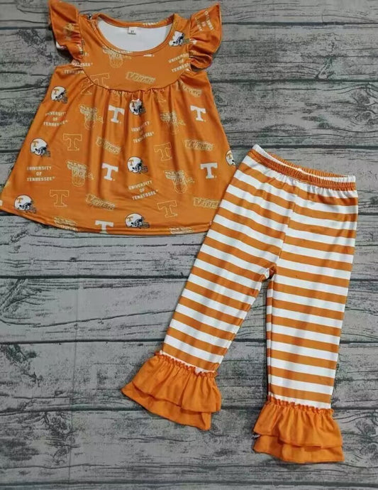 Custom moq 3 eta about 6-8 weeks  Letter-sports helmet pattern-orange flying sleeve top-striped trousers set