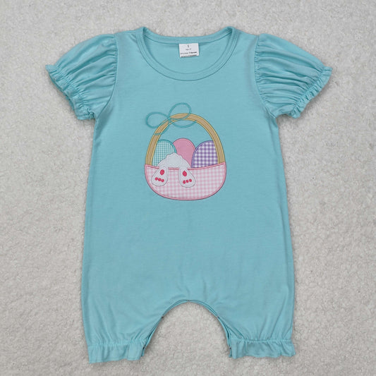 RTS NO MOQ ETA 5/7days arrived SR2292 Embroidered girl Easter bunny egg basket blue green short sleeve jumpsuit