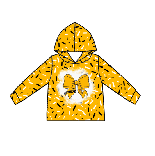 Custom moq 5 mix size milk silk summer team baby girls and boys clothes bow yellow hooded long sleeve top-25.10.22