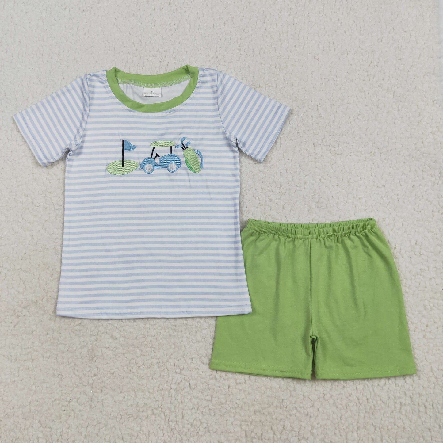 RTS NO MOQ（In Stock) BSSO1504 Embroidered golf cart flag blue and white striped short-sleeved green shorts set