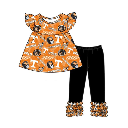 Custom summer teams baby girl clothes tea orange flying sleeve pants sets-25.9.4