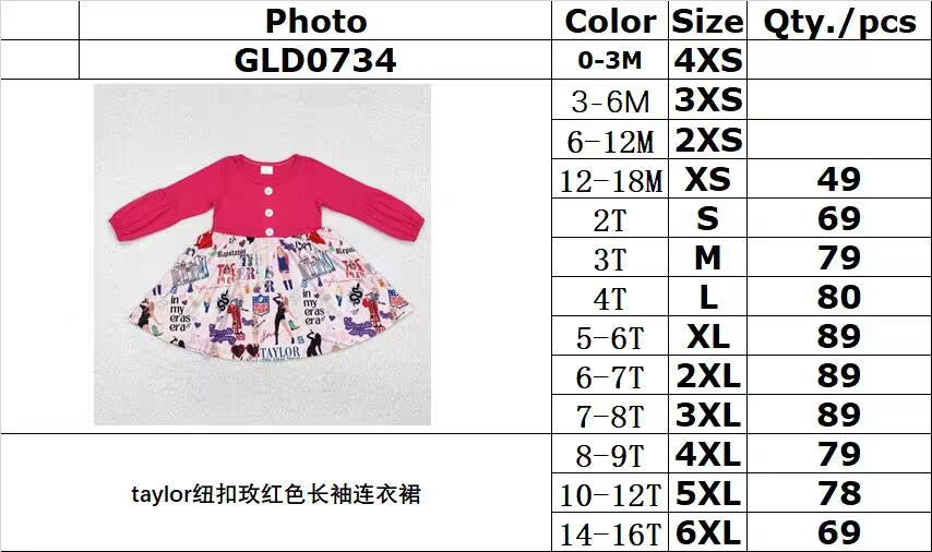 RTS NO MOQ ETA 5/7days GLD0734 girls button rose red long-sleeved dress