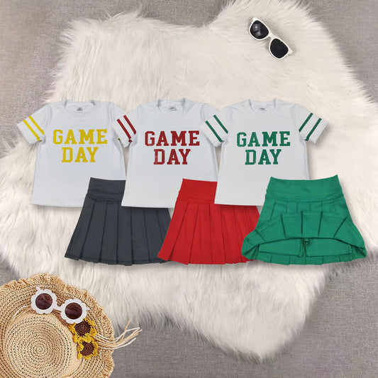 RTS NO MOQ Sibling baby girls clothes Game Day White short-sleeved yoga top with offset green lettering and stripes Solid green yoga skirt set