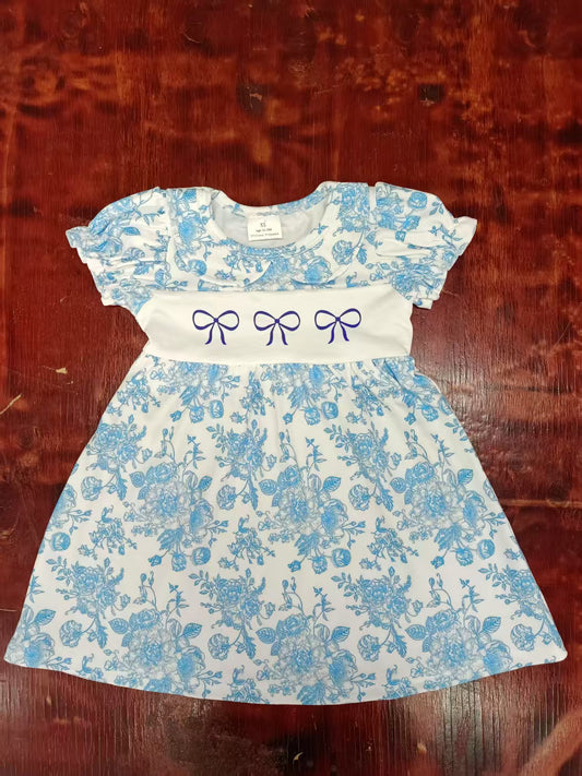Custom moq 3 eta 6-7weeks baby girl clothes bow floral blue short sleeve dress-25.5.10