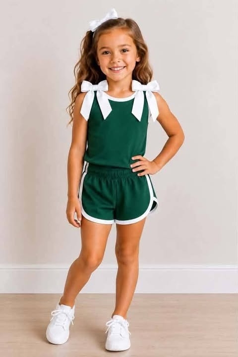 custom moq 5 mix size Baby Girls Green White Trim Bow Strap Sleeveless Tank Top And Shorts Two Piece Summer Outfit Set