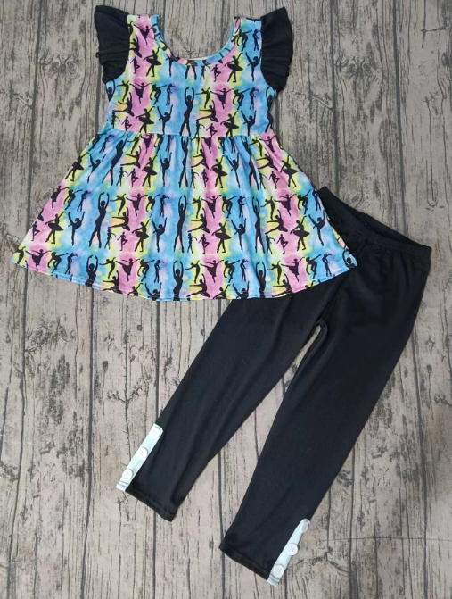 Custom moq 3 eta 6-7weeks Dance Girls Colorful Blending Flying Sleeve Top - Black Pants Set