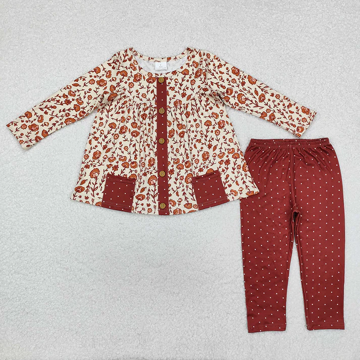 RTS NO MOQ Sibling baby girl clothes floral pocket long sleeve pants Sets