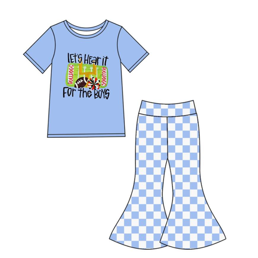 Custom summer teams baby girl clothes team blue plaid short sleeve pants sets-25.8.22