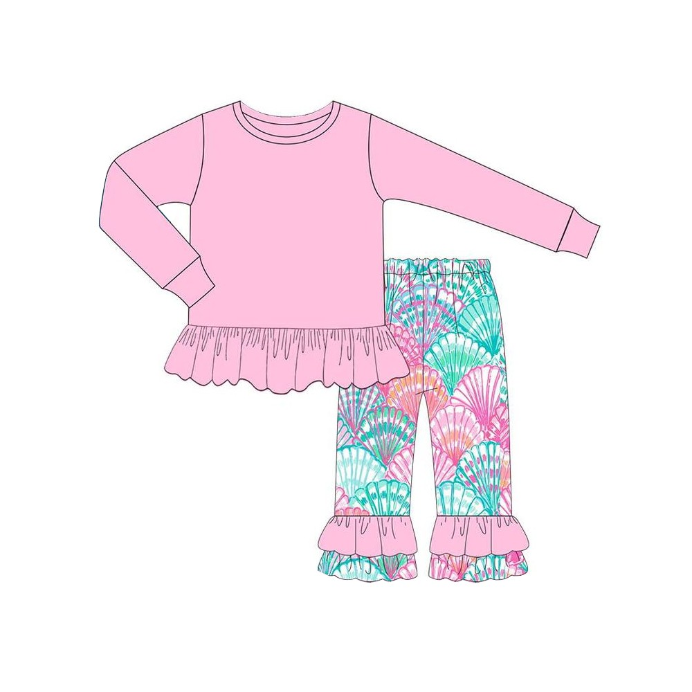 Deadline November 27 custom no moq eta 6-8weeks Baby Girls Pink Lace Long Sleeve Top-Pink Green Fan Lace Pants Set
