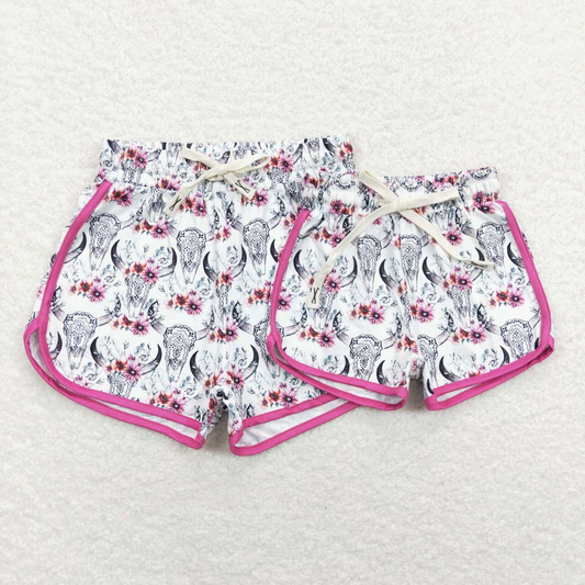 RTS NO MOQ Adults women and Baby Girls Floral Rose Pink Yoga Shorts