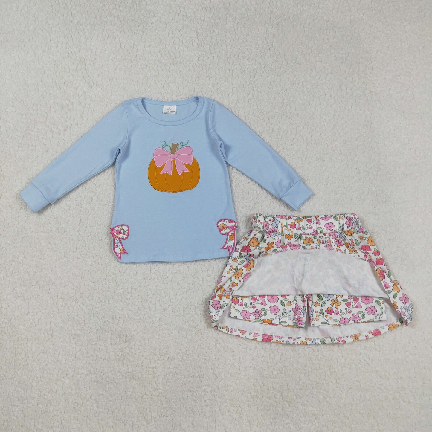 RTS NO MOQ（In Stock) GLD1172 Embroidered pumpkin blue long-sleeved floral beige culottes set with a bow pattern