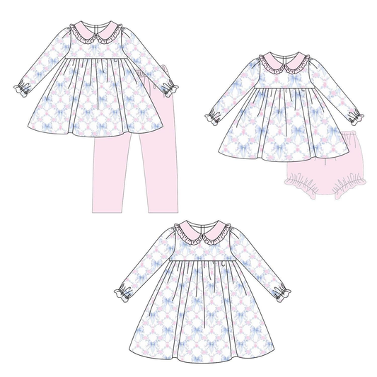 Custom moq 5 each style eta 6-7weeks baby gir clothes long sleeve pants and brief sets and dress