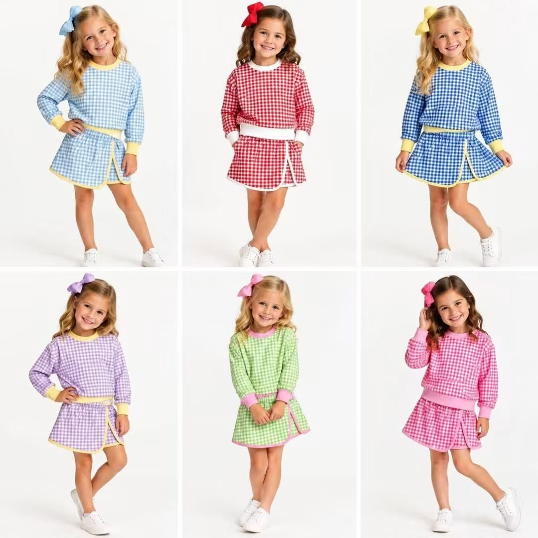 (Preorder new) No moq Yoga Baby Girls Plaid Long Sleeve Sweatshirt Contrast Cuff Hem Crew Neck Casual Kids Pullover Top