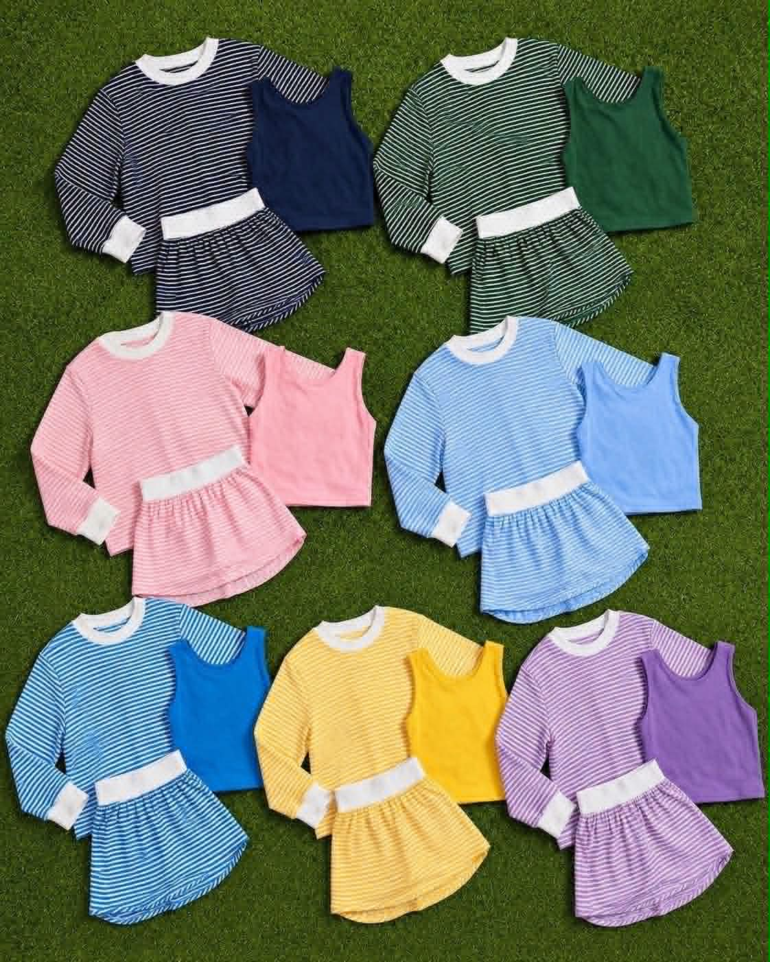 custom moq 5 mix size AATY01 Baby Girls Stripe Three Piece Outfit Set Long Sleeve Crew Neck Top Solid Tank Top And Stripe Skirt Casual Matching Set