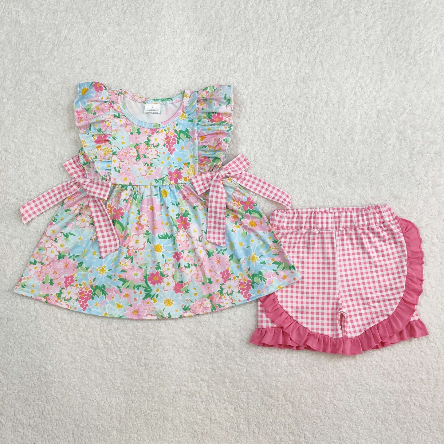 RTS NO MOQ ETA 5/7days Arrived GSSO2111 Flower floral pink plaid bow lace sleeve shorts set