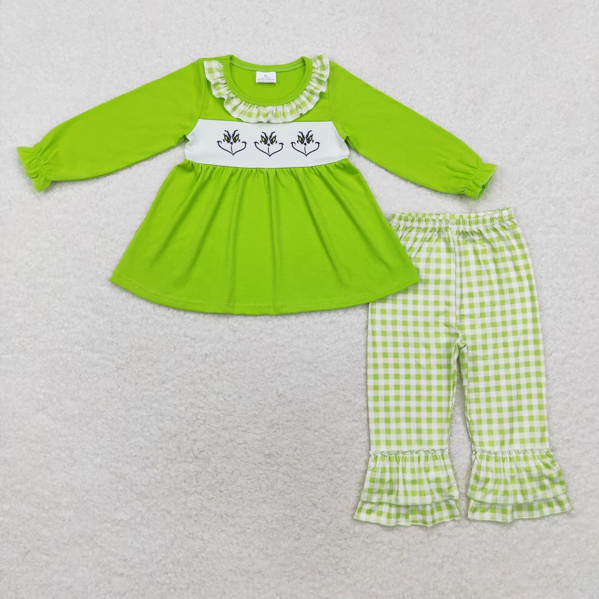 rts no moq GLP1399  girls green plaid long-sleeved trousers set