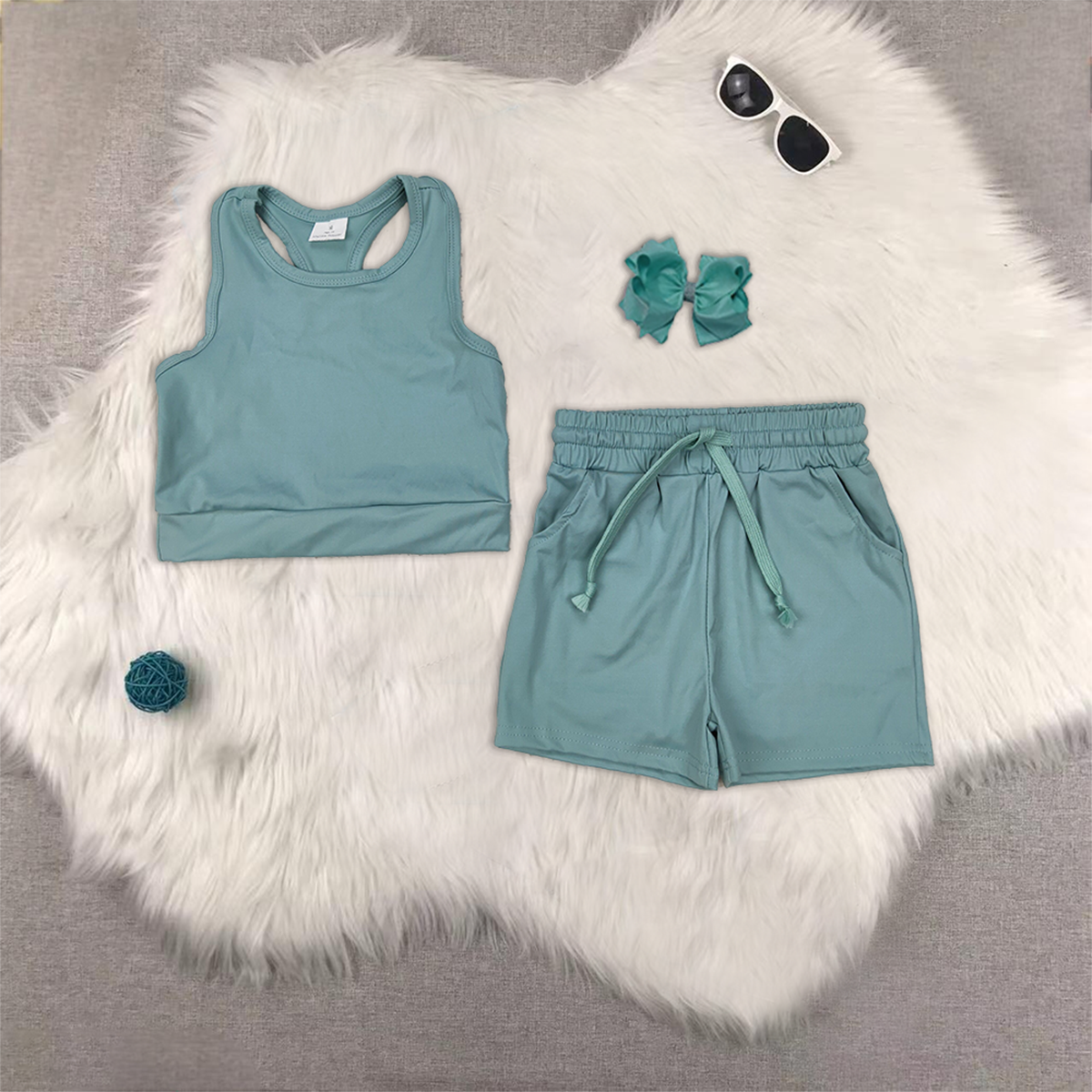 RTS NO MOQ baby girls Clothes yoga solid color short sleeve shorts Sets