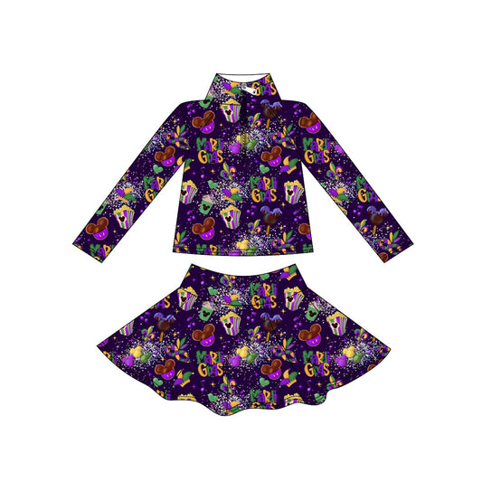 Custom moq 5 mix size milk silk summer baby girls clothes mardi gras long sleeve skirts sets-25.11.7