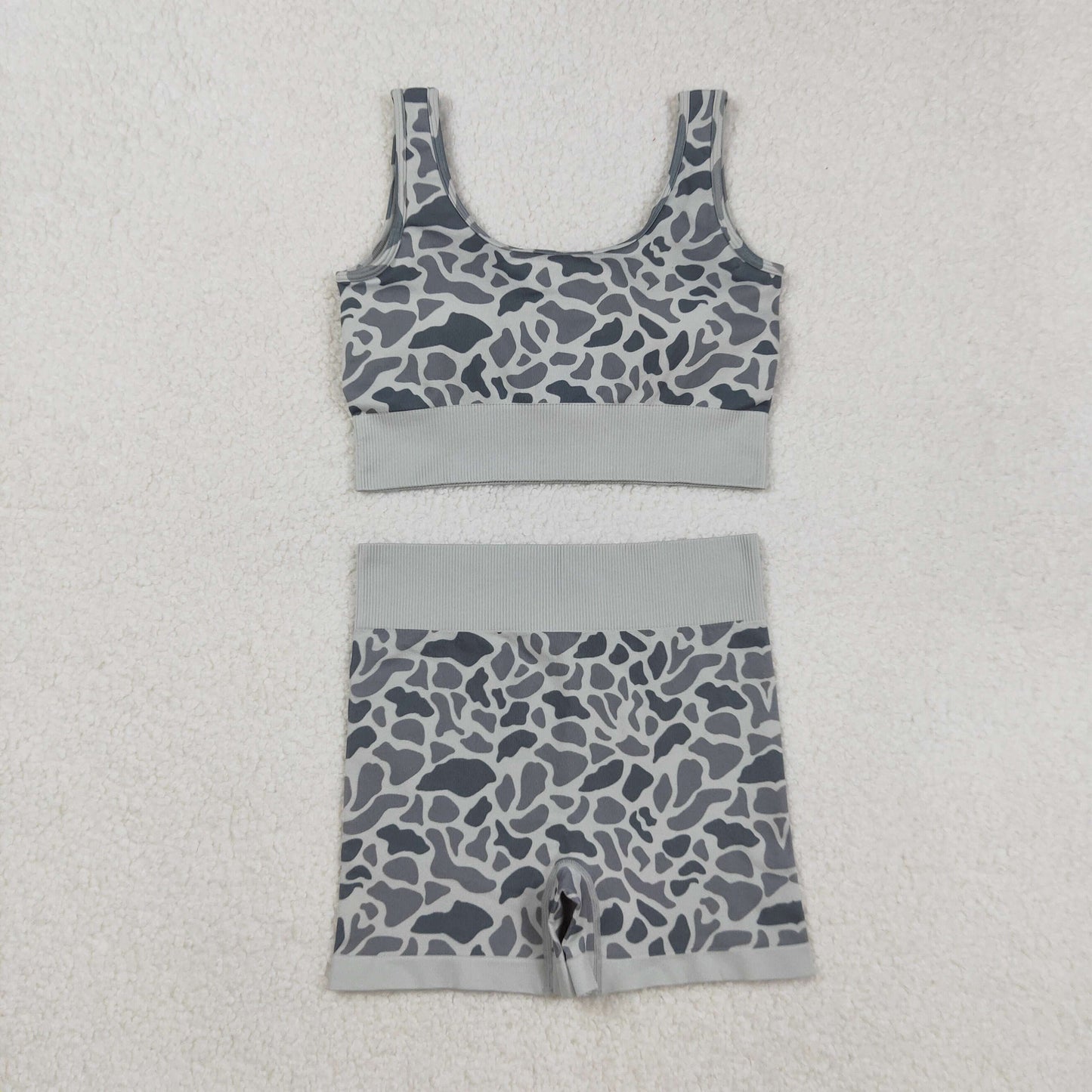 RTS NO MOQ（In Stock) GT1188+SS0643 Adult Women's Gray Camouflage Vest Shorts set