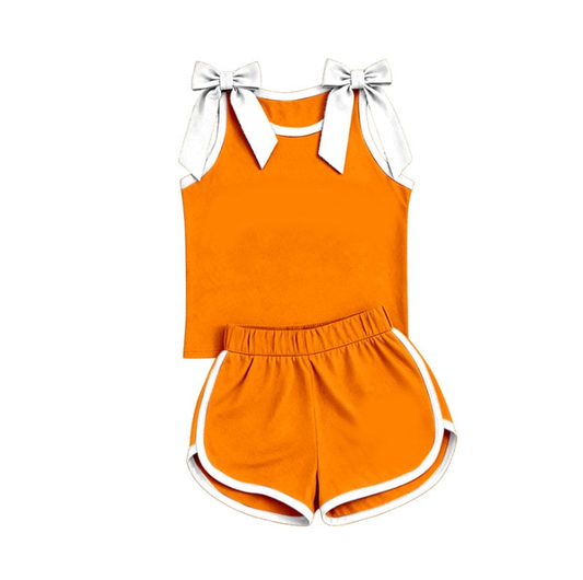 (Preorder new) No moq Baby Girls Orange White Bow Sleeveless Top Shorts Two Piece Summer Sets
