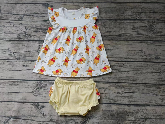 custom moq 5 eta 5weeks mix size baby girls clothes winnie flying sleeve light yellow Thong Set