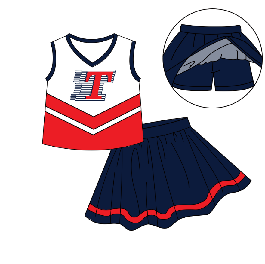 Custom moq 5 mix size milk silk eta 6-8weeks summer teams brick red baby girls clothes team sleeveless skirts shorts sets cheer sets Cute school series school cheer sets