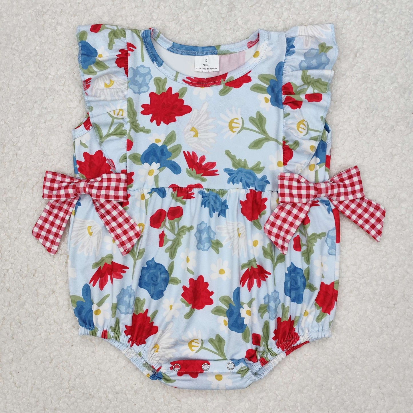 RTS NO MOQ ETA 5/7days arrived SR2593 Flower Leaf Red Plaid Bow Blue Lace Sleeves Vest Bodysuit