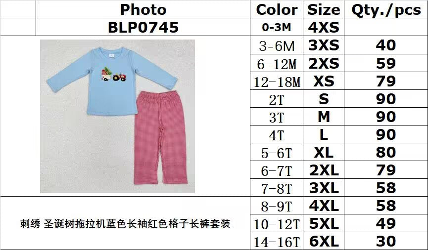 RTS NO MOQ ETA 5/7days Arrived BLP0745 Embroidered Christmas tree tractor blue long sleeve red plaid trousers set