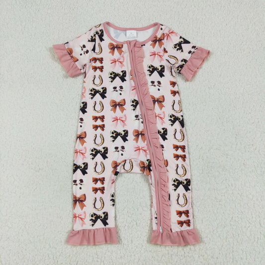 RTS NO MOQ（In Stock) SR3116 Pink lace zip-up short-sleeved jumpsuit with bow pattern