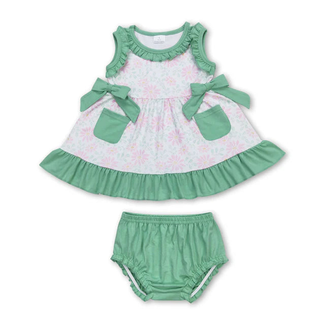 RTS NO MOQ Sibling Baby Girls Blue Pocket Pink Flowers Sleeveless Top Summer Bummies Clothes Sets