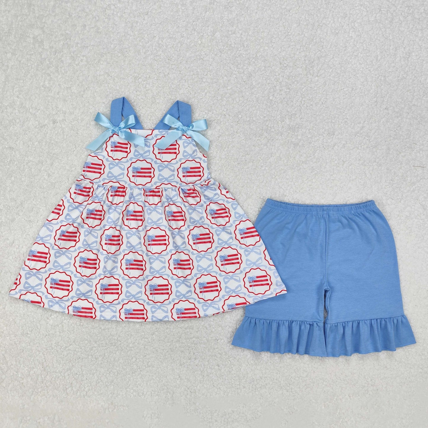 RTS NO MOQ Girls clothes 4th of july bow short sleeve Clothes Sets romper