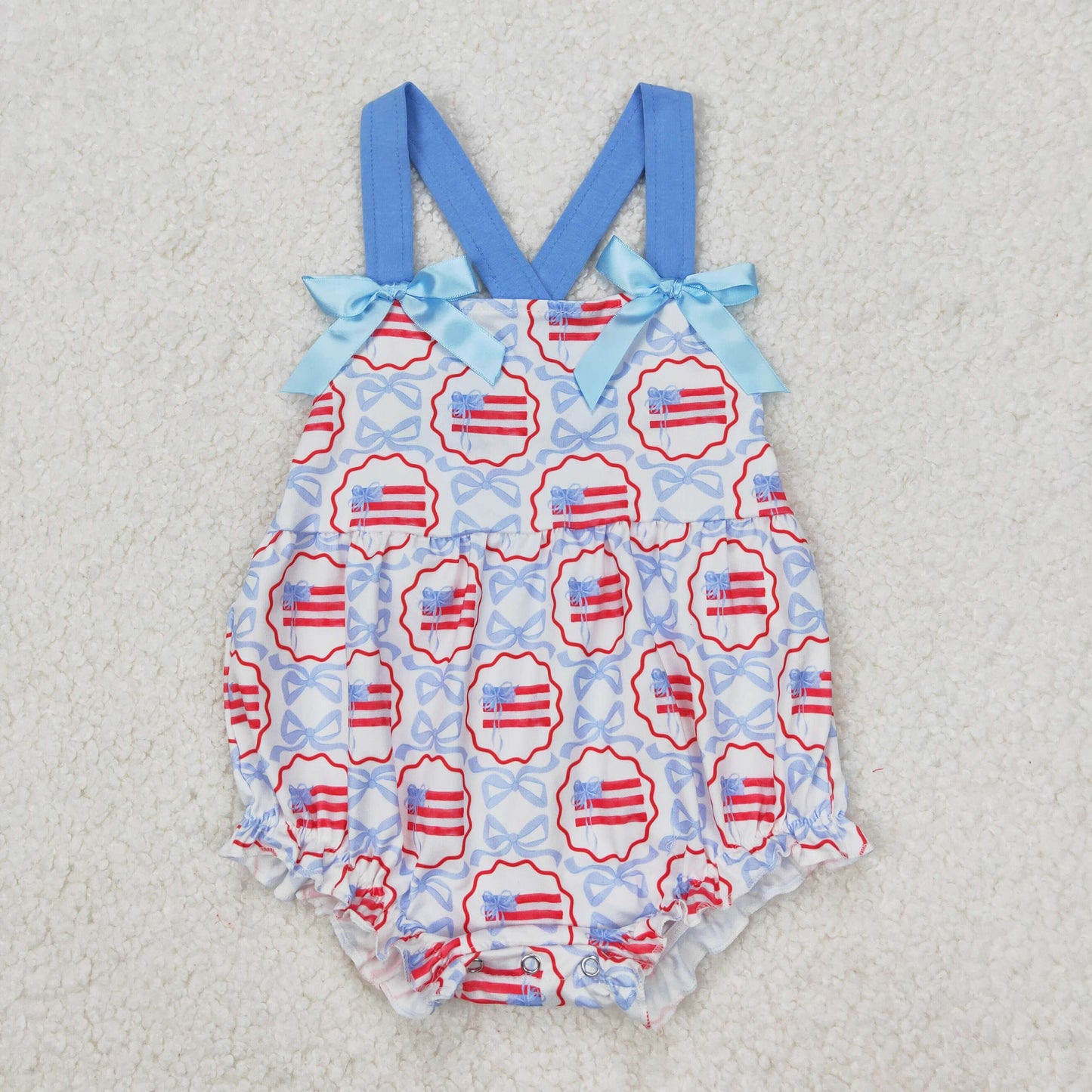 RTS NO MOQ Girls clothes 4th of july bow short sleeve Clothes Sets romper