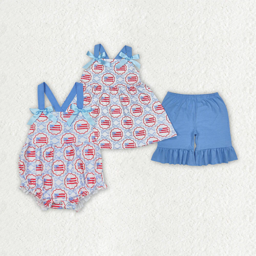 RTS NO MOQ Girls clothes 4th of july bow short sleeve Clothes Sets romper