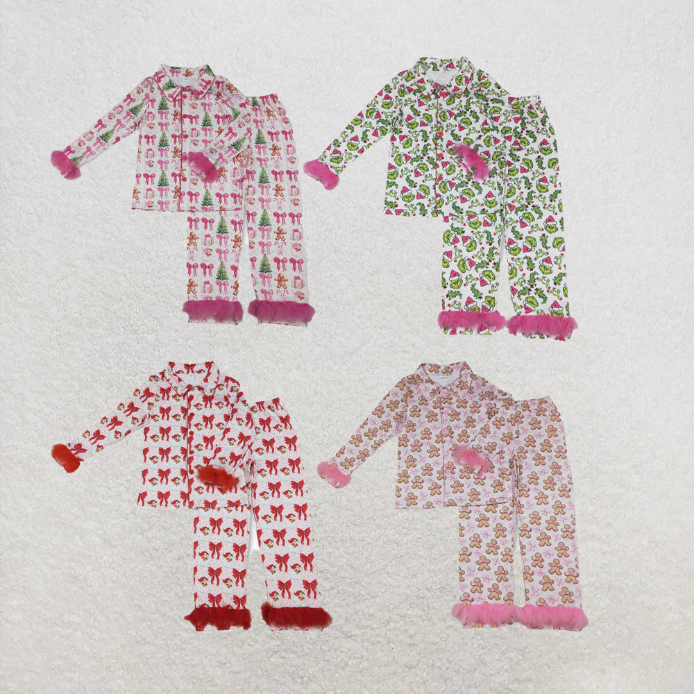 RTS NO MOQ Sibling Adult Women Bows Gingerbread Button Top Pants Christmas Fur Pajamas Set