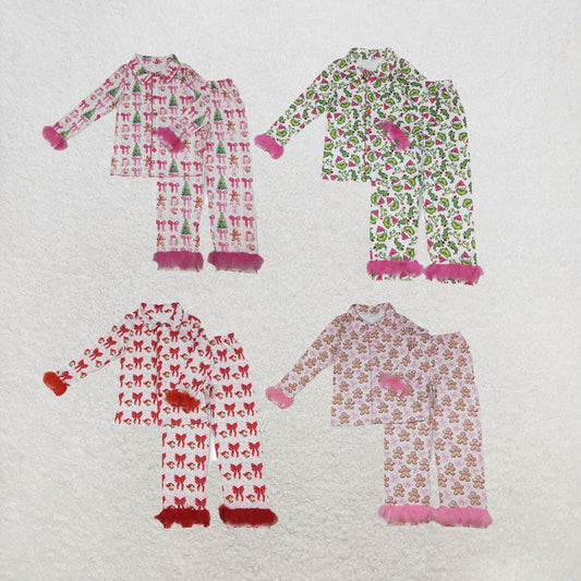 RTS NO MOQ Sibling Adult Women Bows Gingerbread Button Top Pants Christmas Fur Pajamas Set