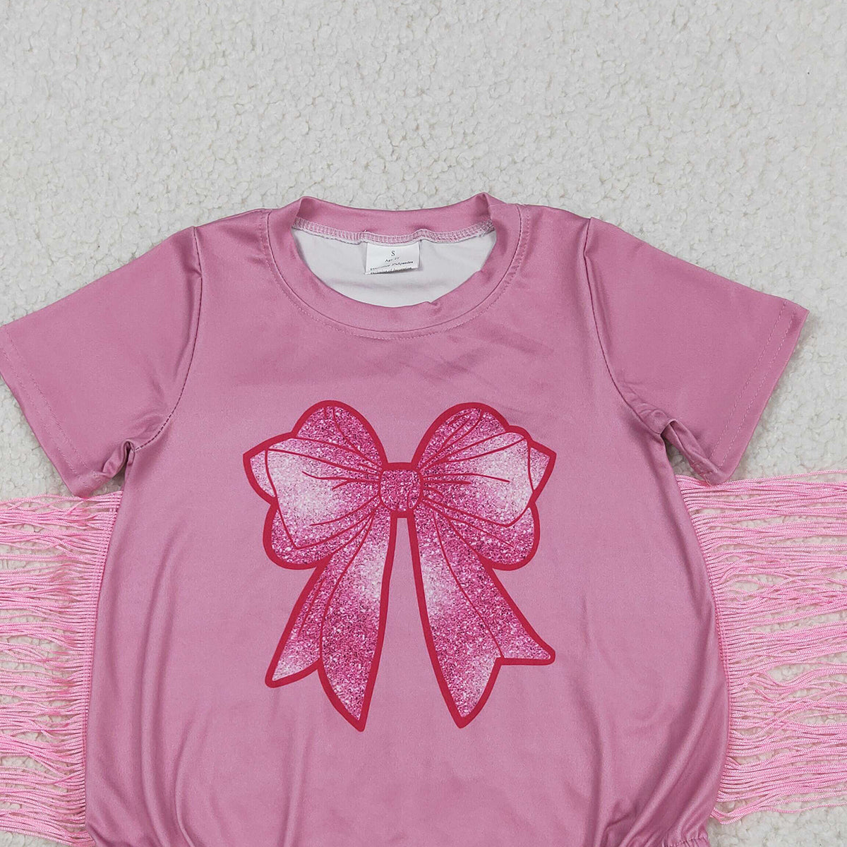 RTS NO MOQ SR3187 Baby Girls Pink Rompers Short Sleeves Bow Print Tassel Ruffle Cute Baby Girl Outfit