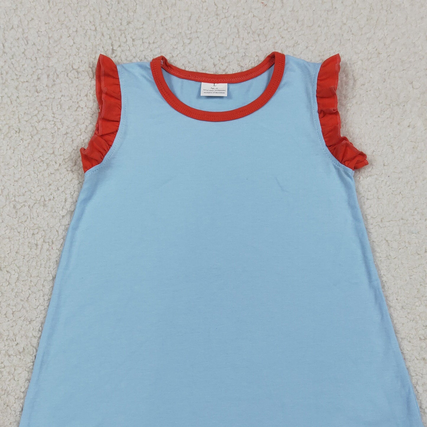 RTS NO MOQ cotton GSD4054 Baby Girls Blue Red Two Tone Sleeveless Dress With Scallop Edge