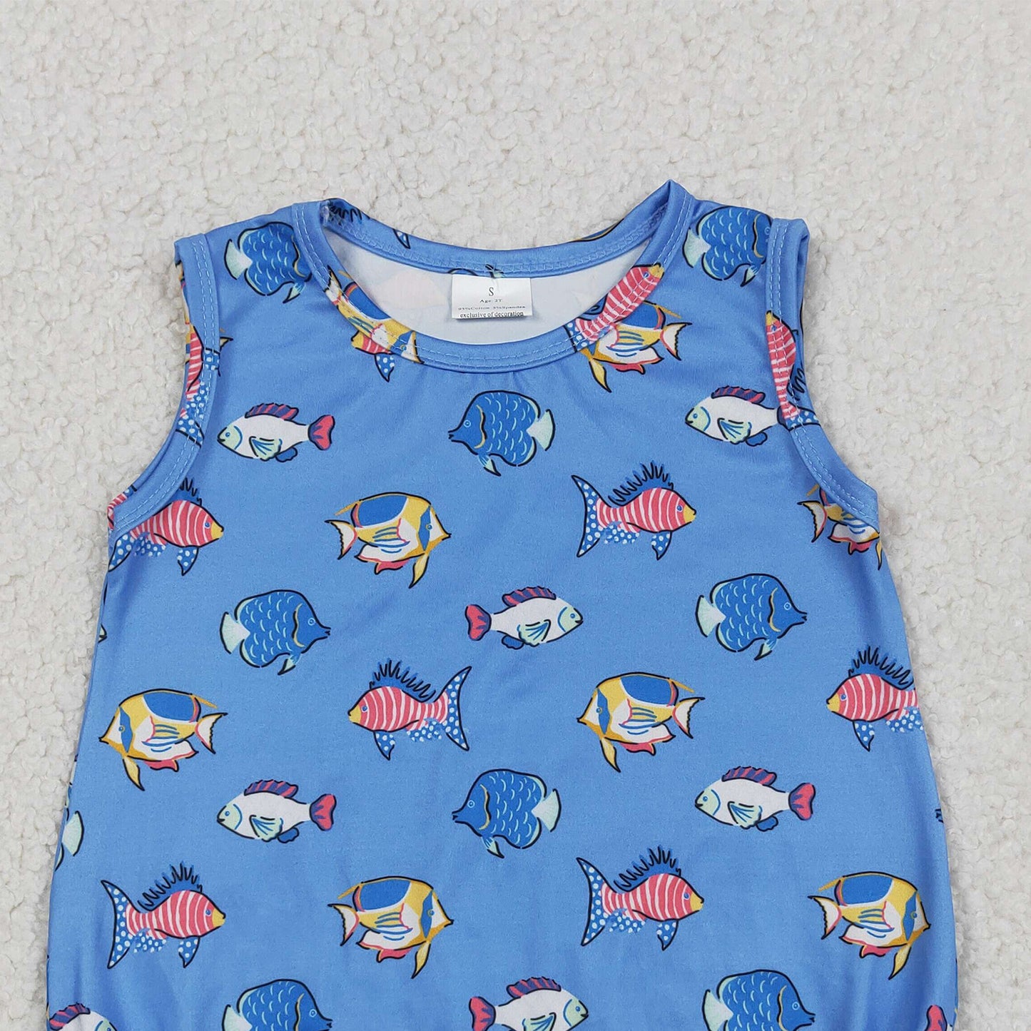 RTS NO MOQ milk silk SR4151  Baby Boys Cute Sleeveless Red Blue Fishes 4th of July Romper