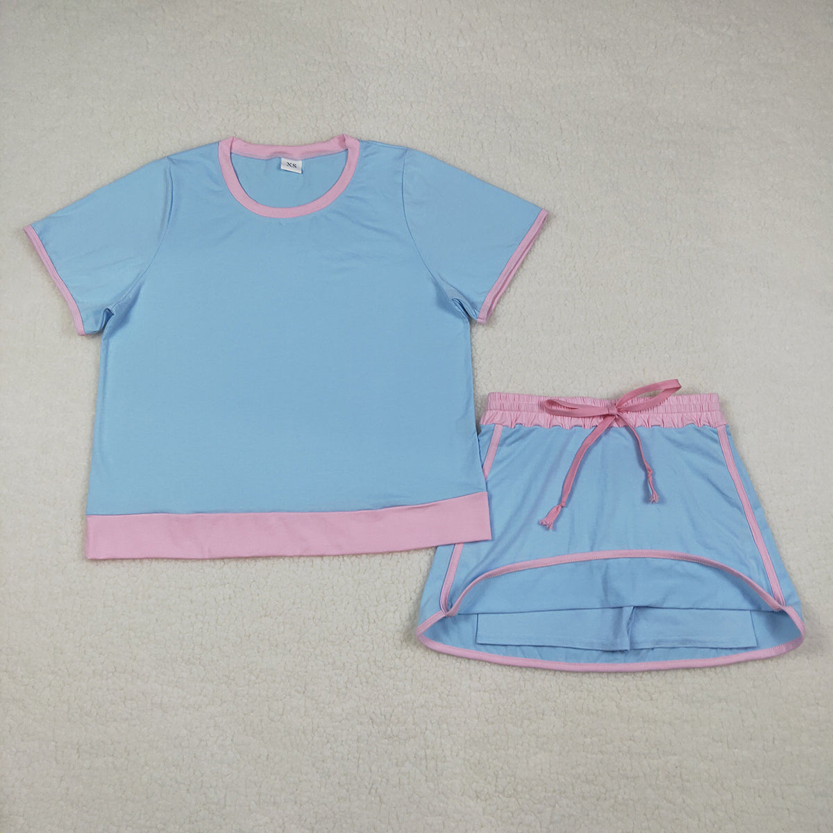 RTS NO MOQ GSD3674 Women's Blue Cotton Short Sleeve Top Skirt Shorts Set