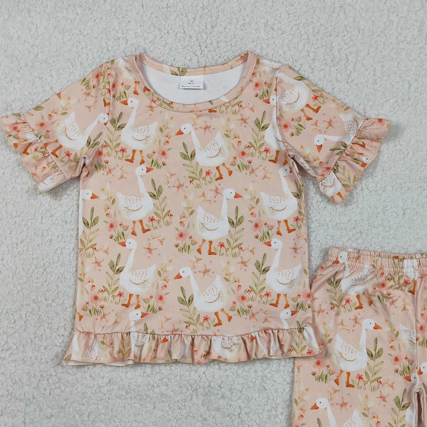 RTS NO MOQ GSSO3329 Baby Girls Cute  Flowers Goose Top Ruffle Shorts Pajamas Set