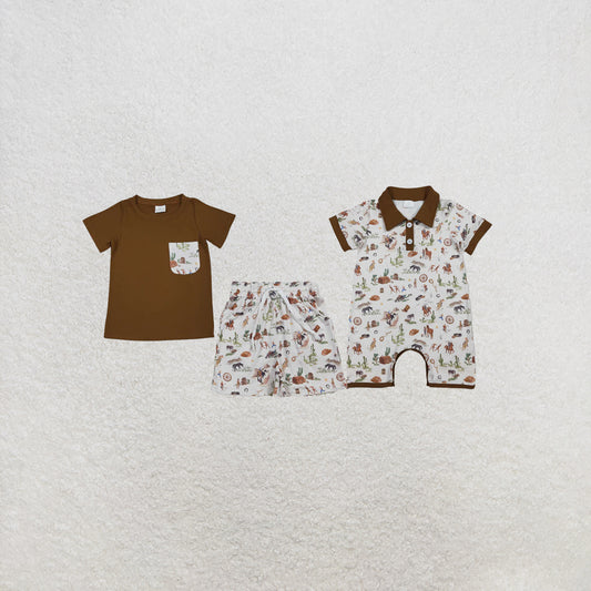 RTS NO MOQ Sibling Baby Boys Horse Rodeos Top Pockets Short Western Clothes Set Rompers