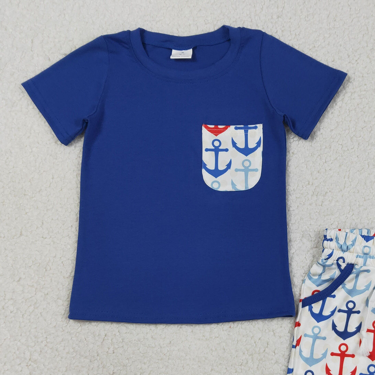 RTS NO MOQ BSSO1874 Baby Boys Hot Blue Short Sleeve Shirt Top with Boats Fishing Pocket Shorts Clothing Set