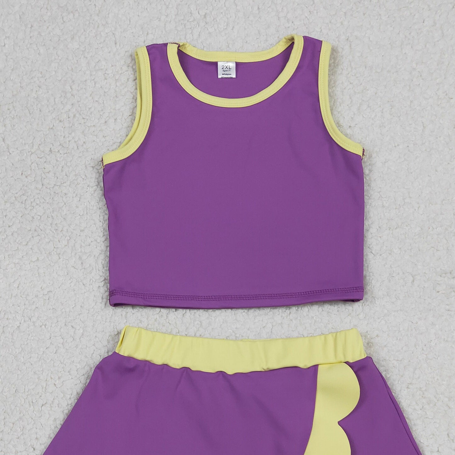 RTS NO MOQ yoga fabric cotton GSD4015 Baby Girls Purple Yellow Vest Scallop Skirt Yoga Set