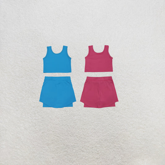 RTS NO MOQ Sibling Baby Girls Pink Blue Sleeveless Vest Skirt Shorts Yoga Active Clothes Sets
