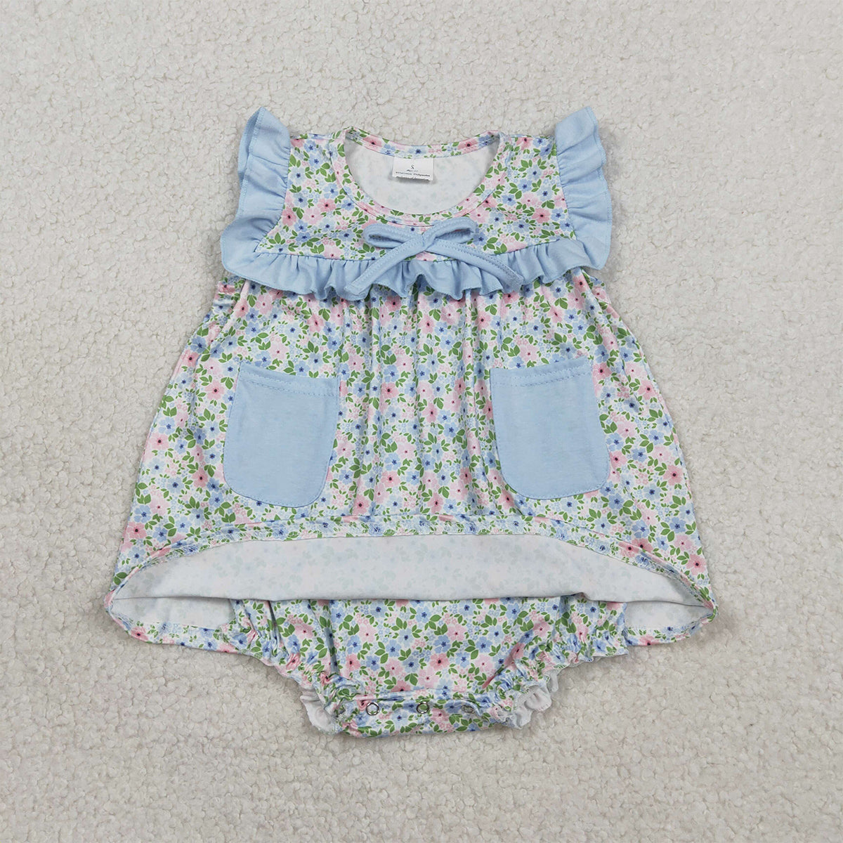 RTS NO MOQ SR3752 Baby Girls Sleeveless Tunic Rompers with Pockets And Ruffle Bummies Floral Print Comfortable Cotton Outfit for Infants
