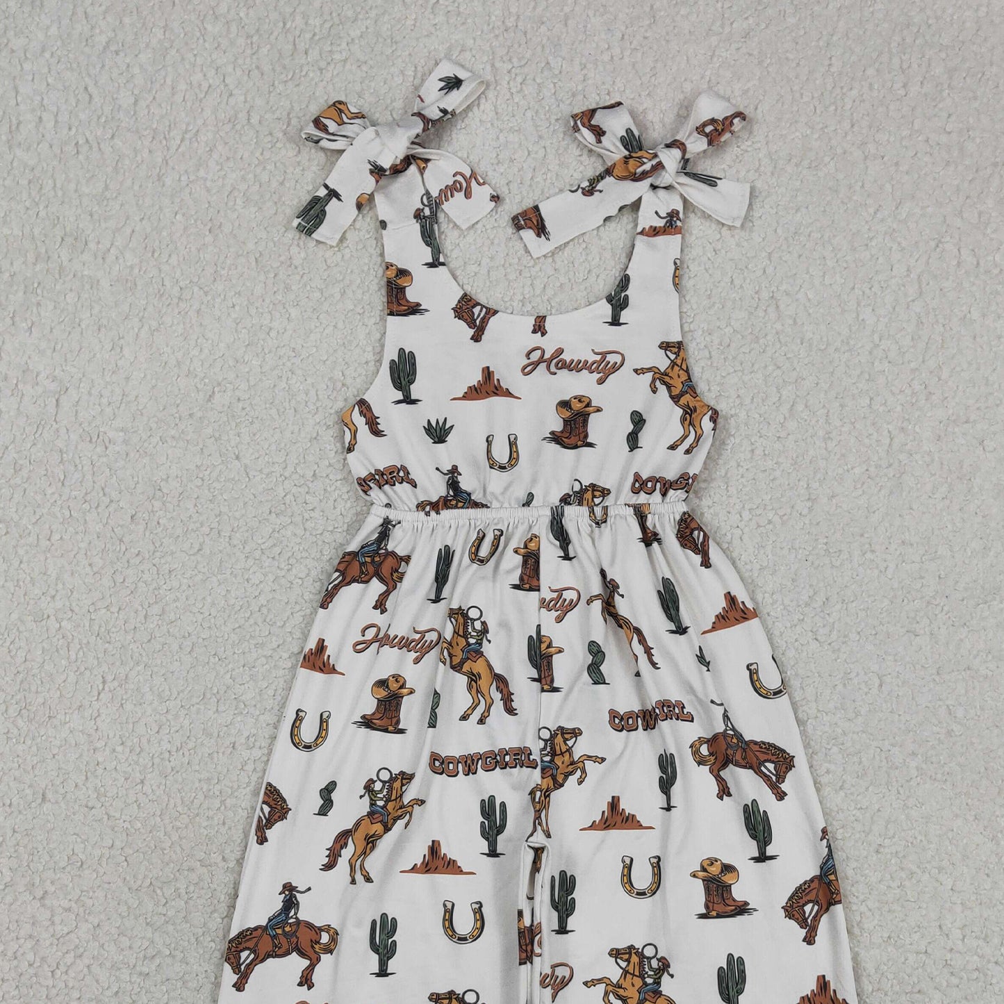 RTS NO MOQ SR2969 Baby Girls Summer Western Horse Rodeo Cactus Bow Jumpsuits