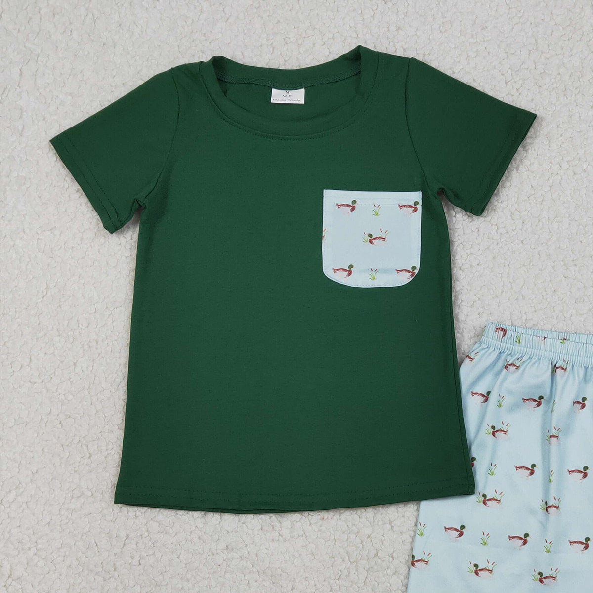 RTS NO MOQ BSSO1899 Baby Boys Dark Green Ducks Pocket T-Shirt And Shorts Set