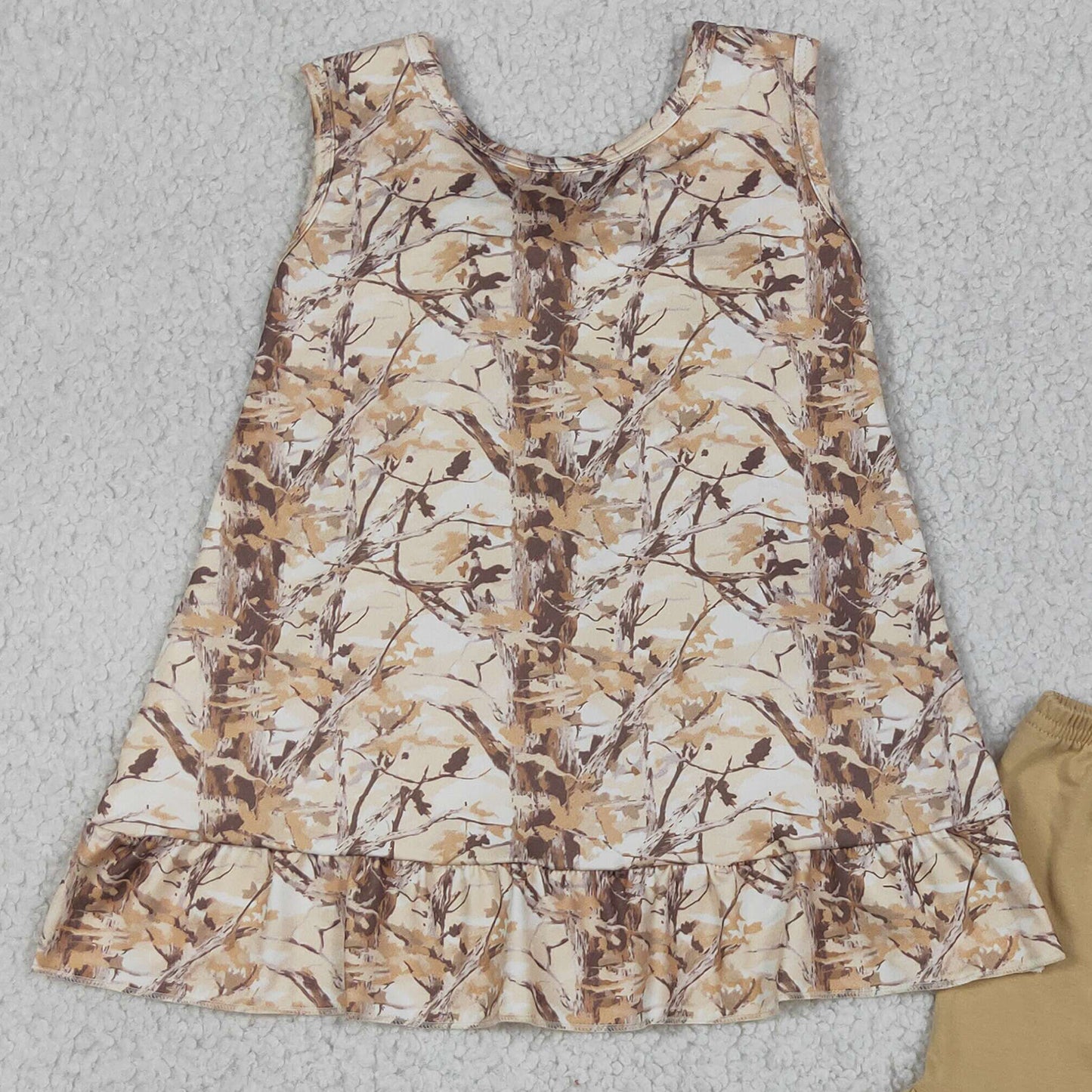 RTS NO MOQ milk silk GSSO3467 Baby Girls Sleeveless Leaves Camouflage Tunic Top with Ruffle Shorts Outfit Set
